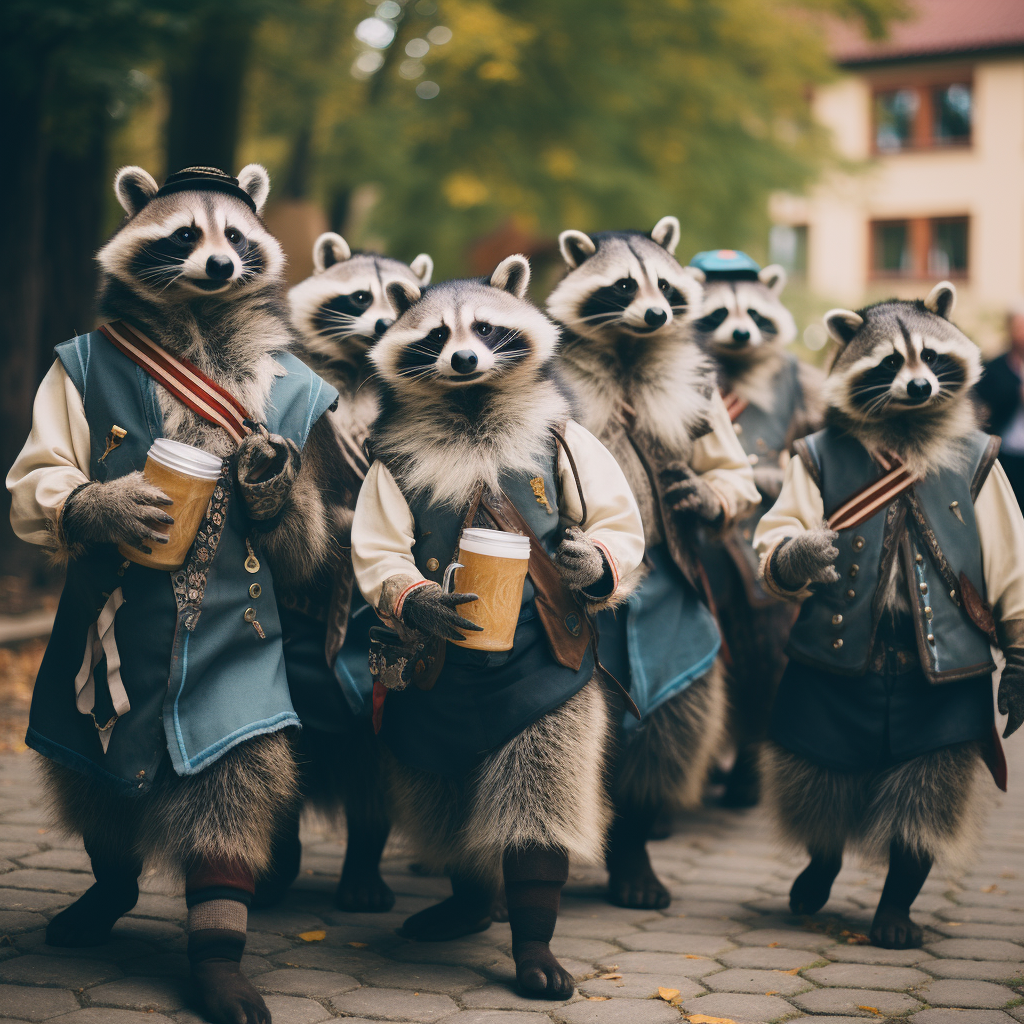 Cheerful raccoons in Bavarian clothing at Oktoberfest