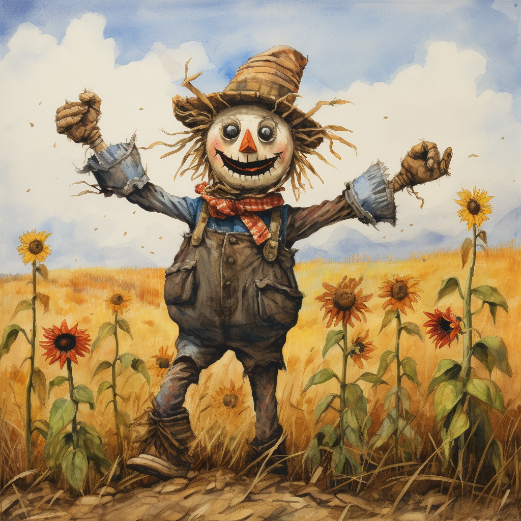 Whimsical cheerful scarecrow in field