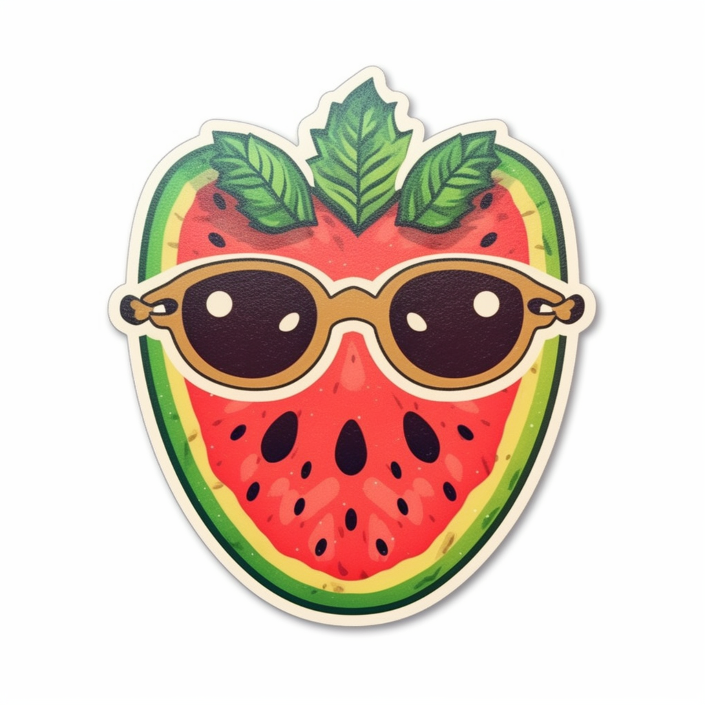 Kawaii watermelon slice sticker with happy face, sunglasses, bees, and flowers