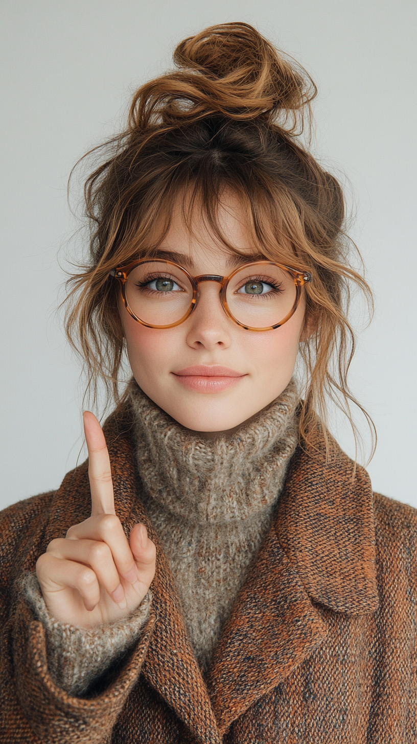 Woman pointing finger white background