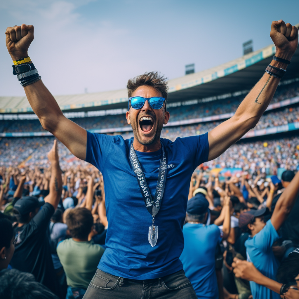 Cheering male model with spectacles in cricket stadium