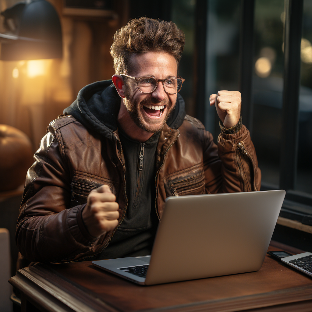 Cheering man with laptop at home