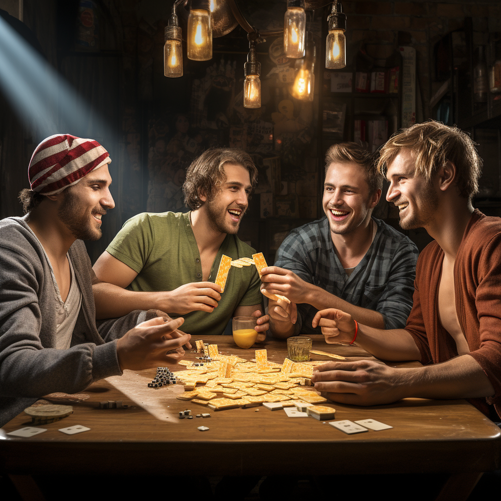 Caucasian college males playing cheese poker game