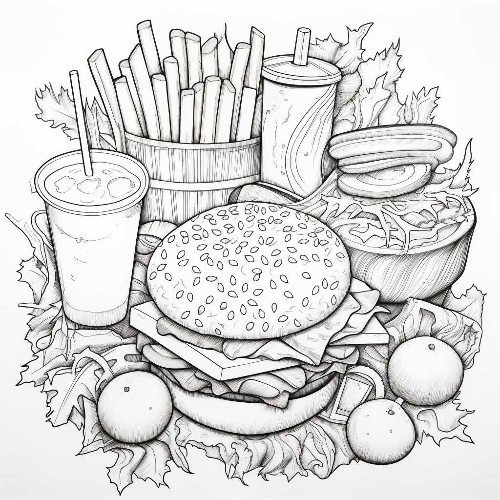 Cheeseburger and fries coloring page