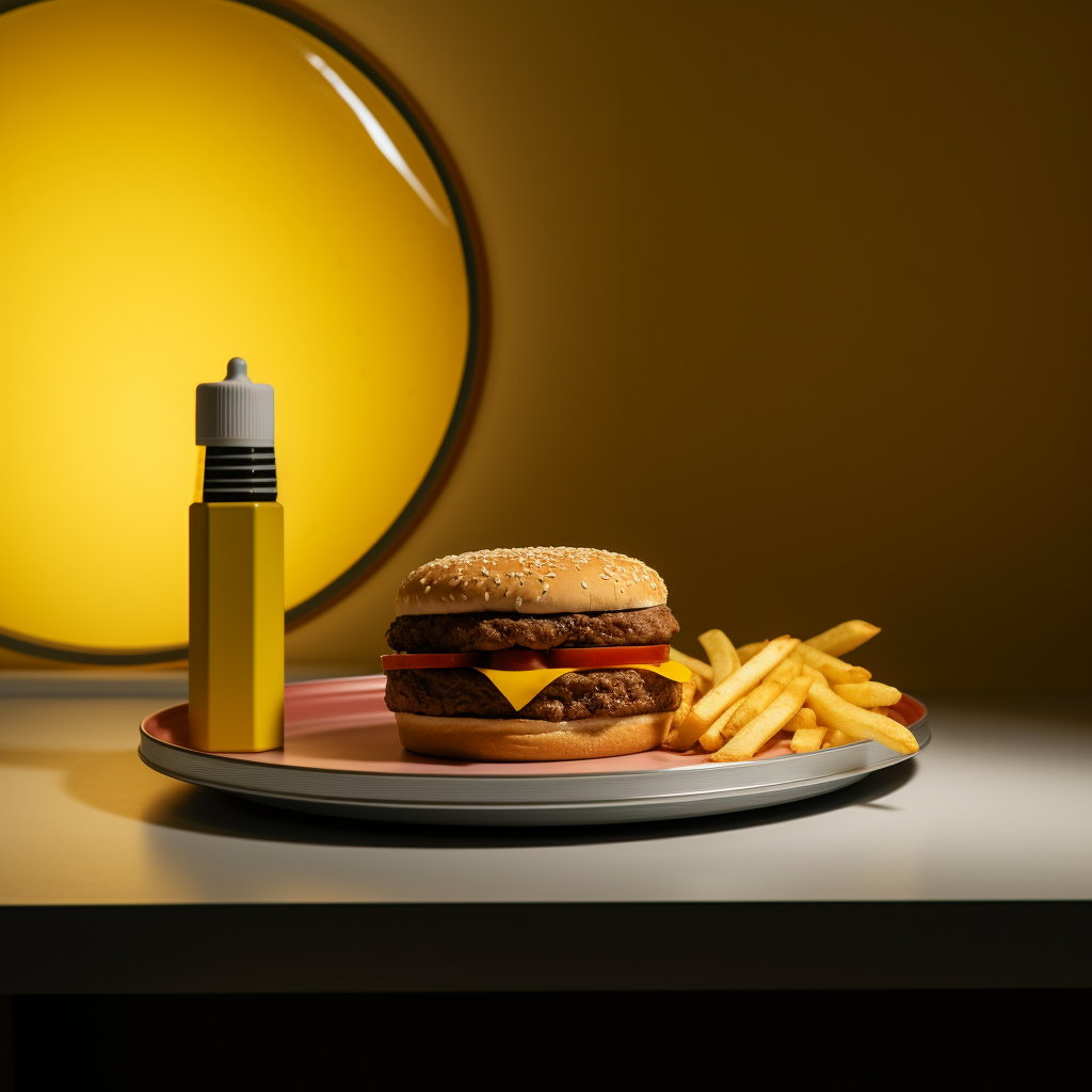 Savory cheeseburger and fries on scale