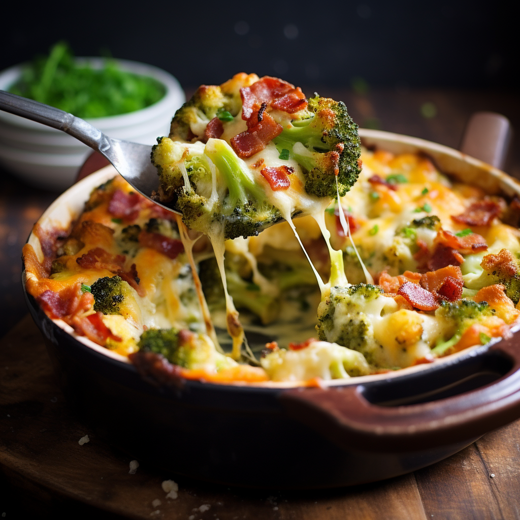 Tasty cheesy cauliflower casserole with broccoli and bacon