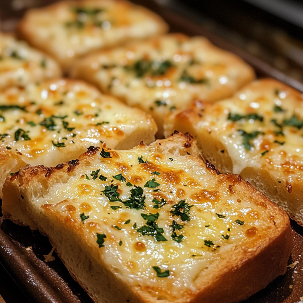 Cheesy garlic bread close up