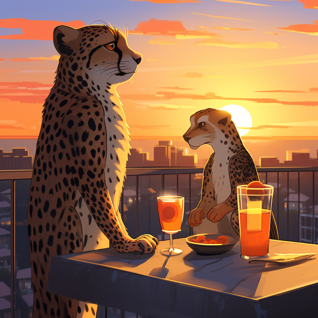 Cheetah and Toucan enjoying sunset at rooftop bar