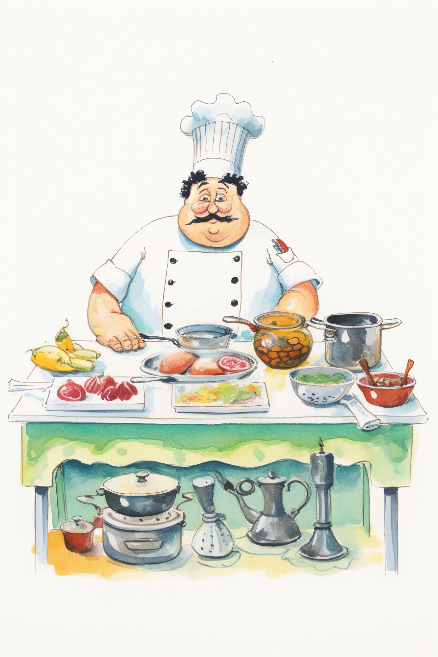 Illustration of a chef with bowls on a white table