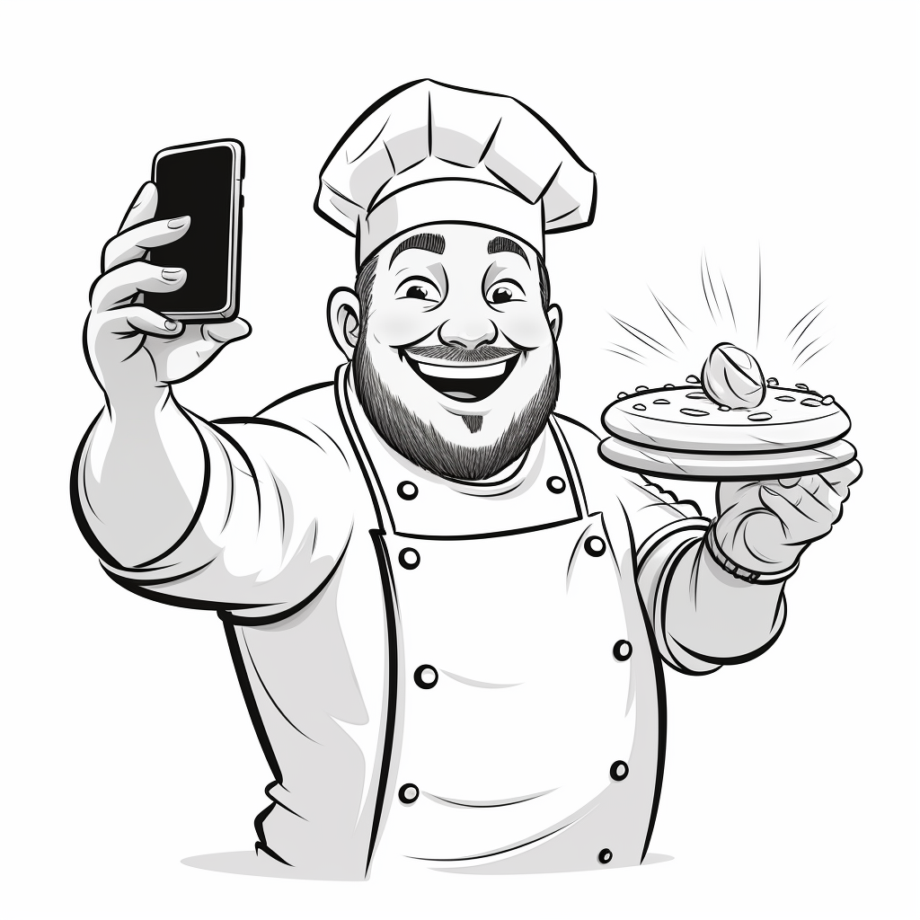 Chef holding pizza and taking selfie