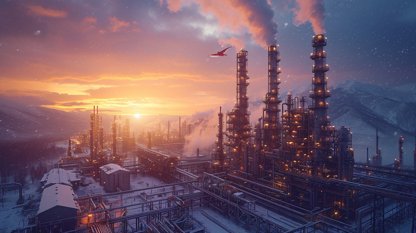 Aerial view chemical plant snowing sunset with dragon