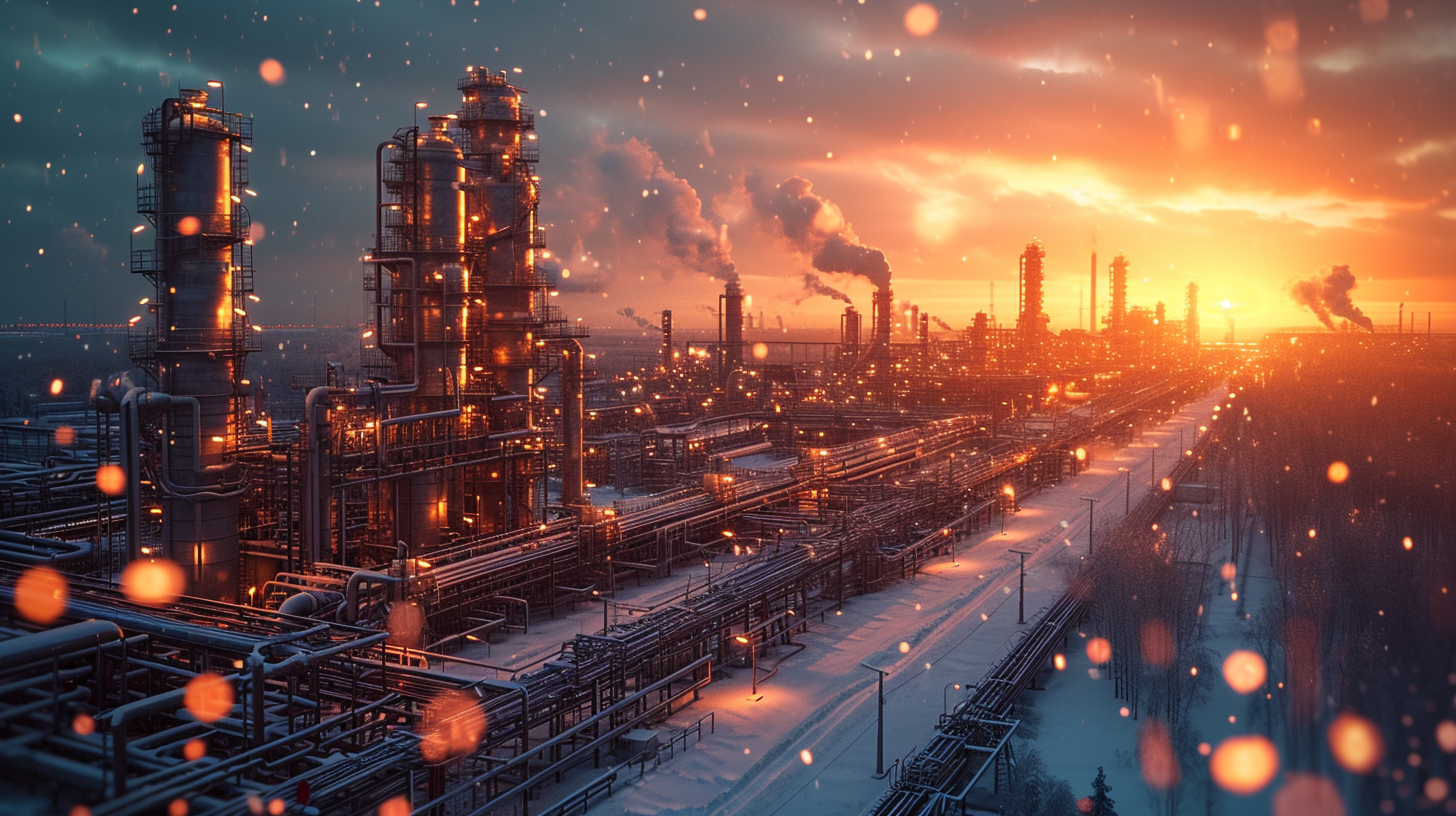 Chemical plant with snowing sunset and dragon