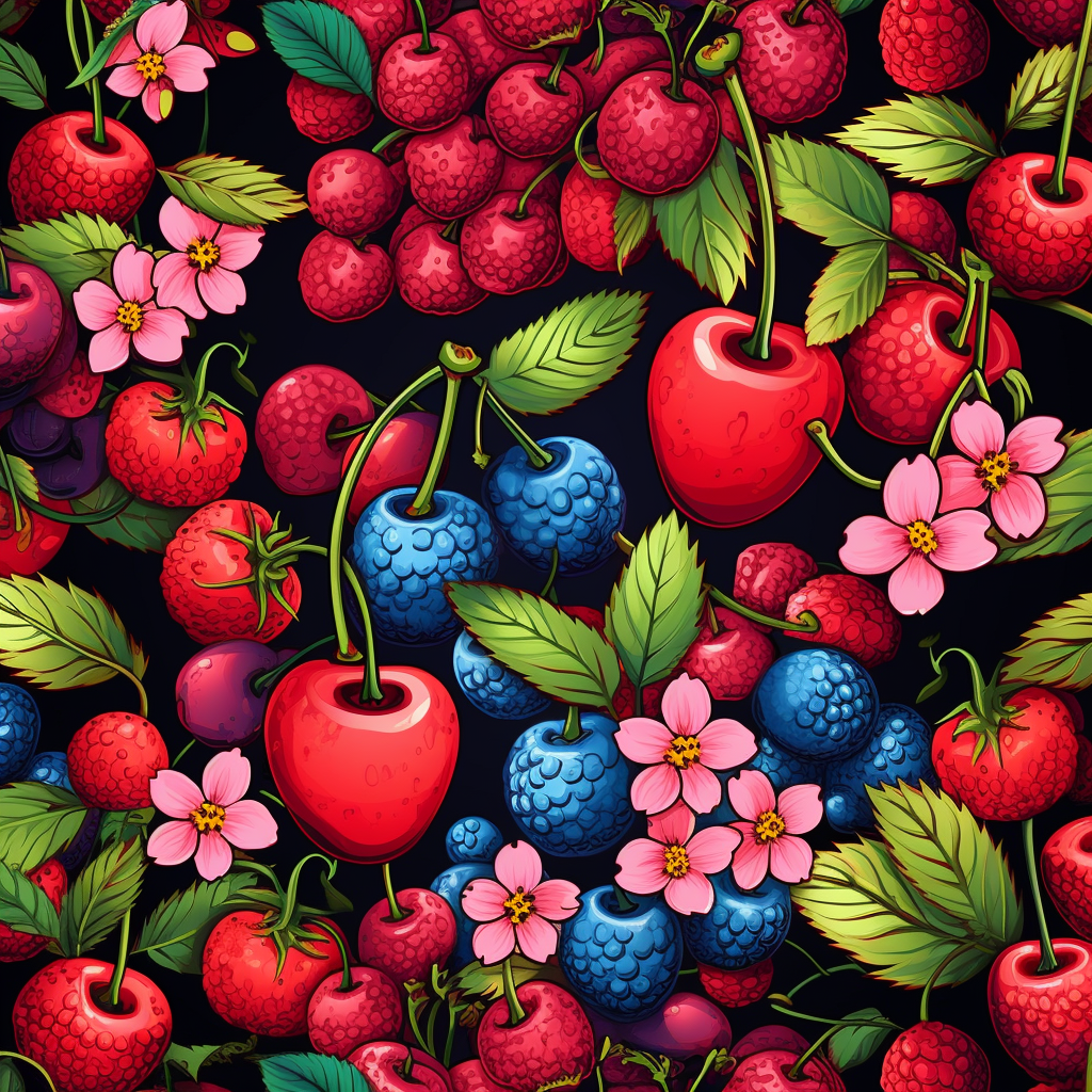 Cherries and strawberries pattern on pink background