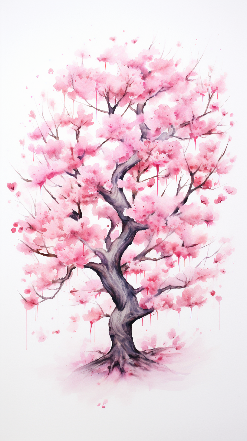 Watercolour cherry blossom tree on white background