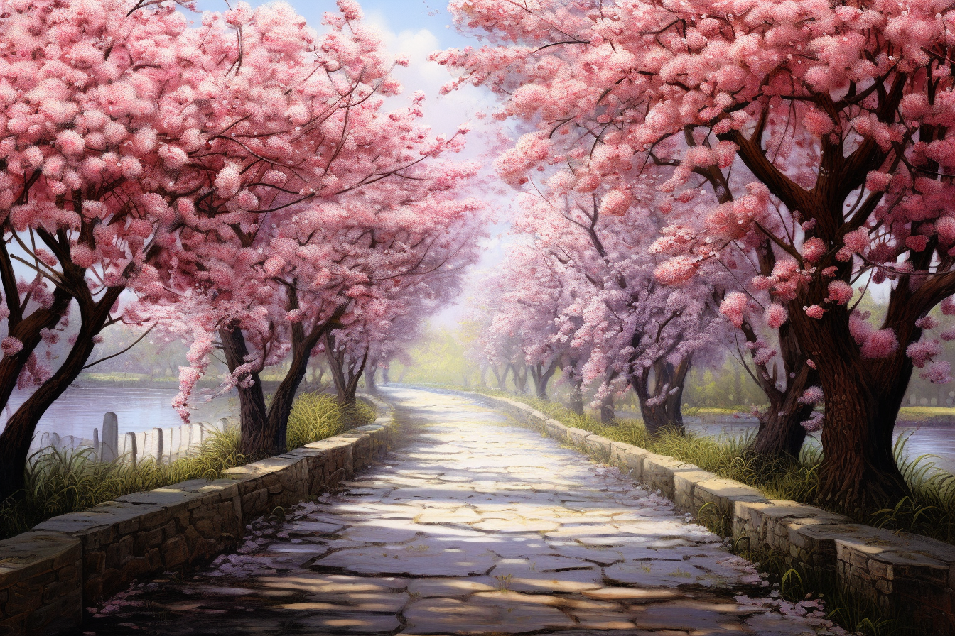 Japanese cherry blossom trees on garden path