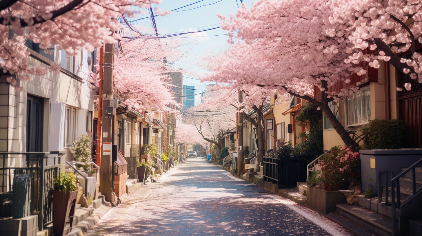 Vibrant cherry blossom trees lining Tokyo street