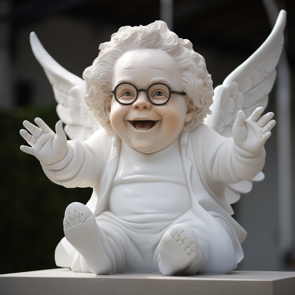 White cherub statue with Danny Devito's face