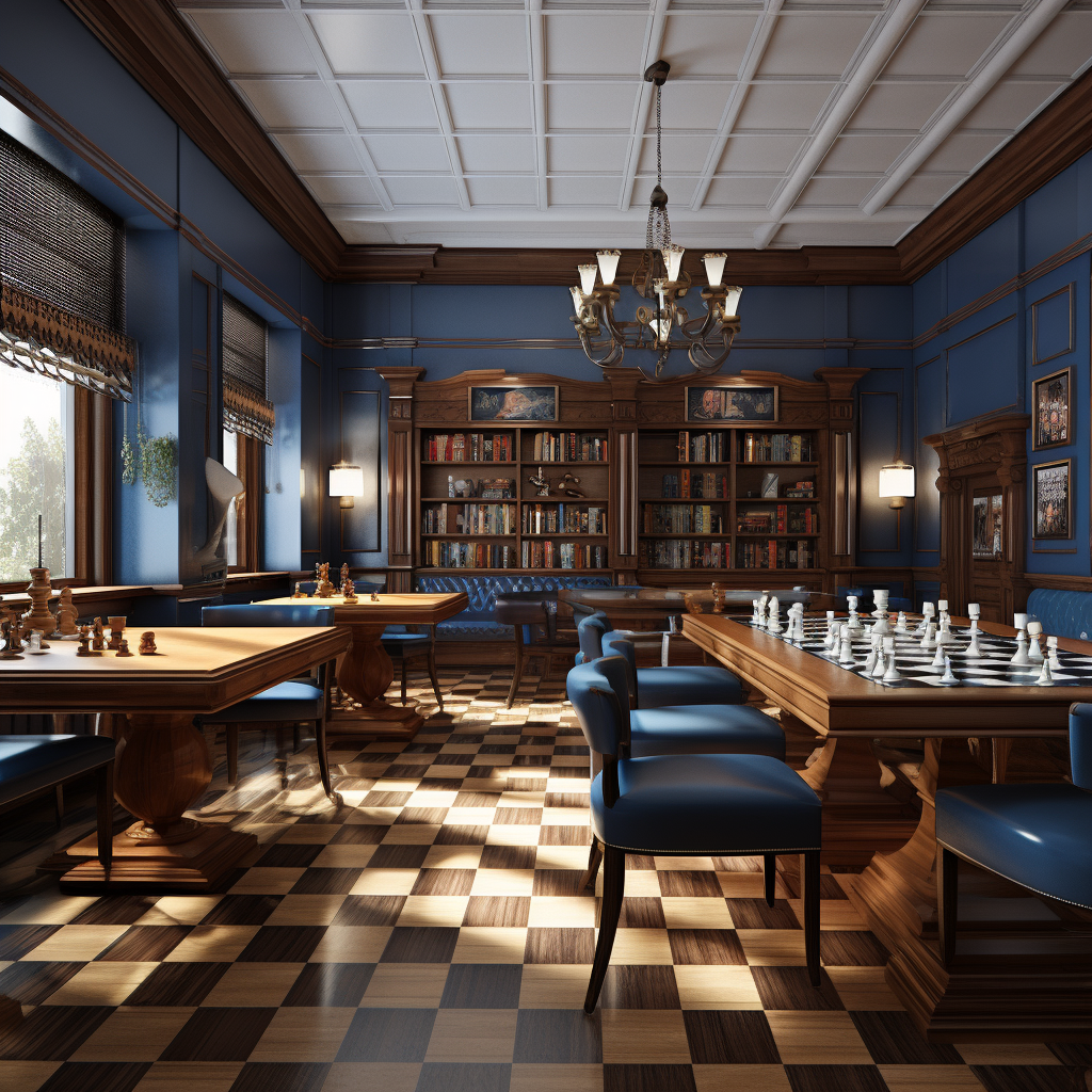 Chess Bar Coffee Shop with Library and Architectural Rendering