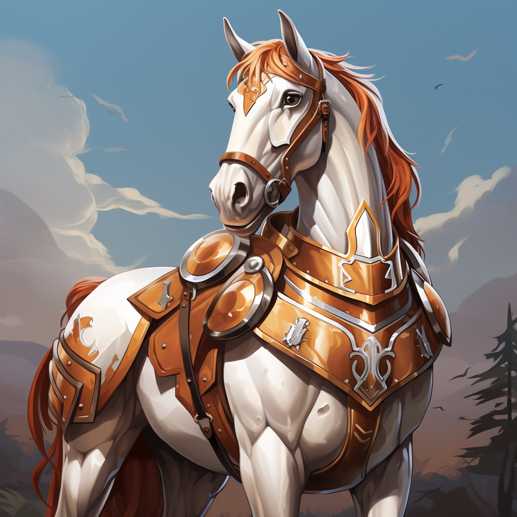 Cartoon-style chestnut war horse with white markings