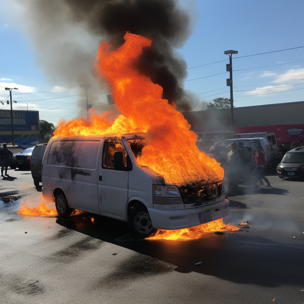 Burning Chevy Van in Parking Lot