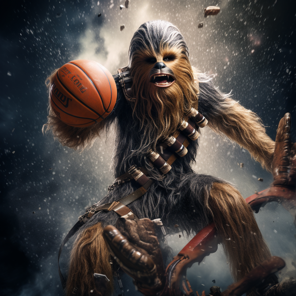 Chewbacca dunking on Michael Jordan in action