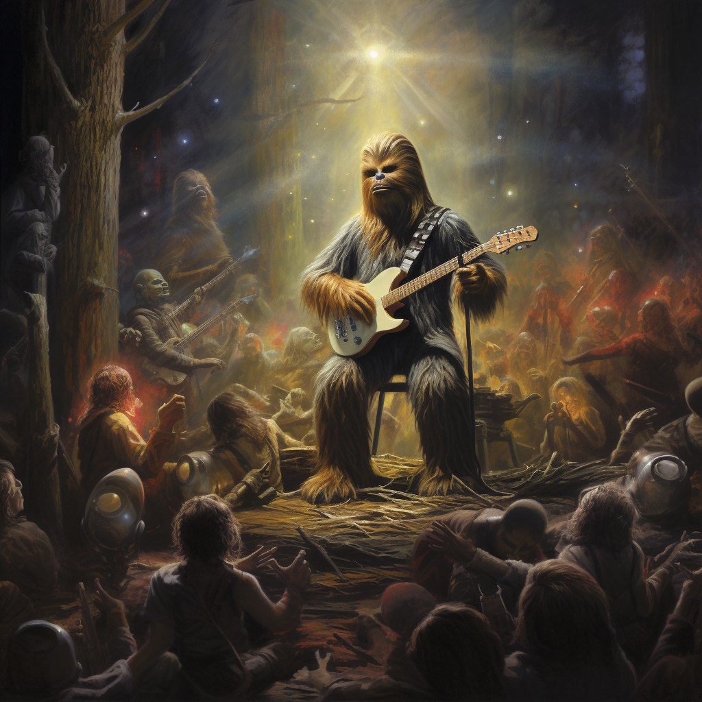 Chewbacca performing rock concert with ewok audience