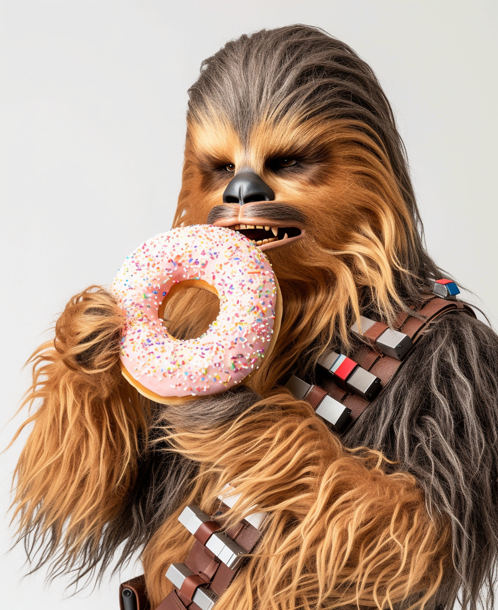 Chewbacca eating donut in police uniform