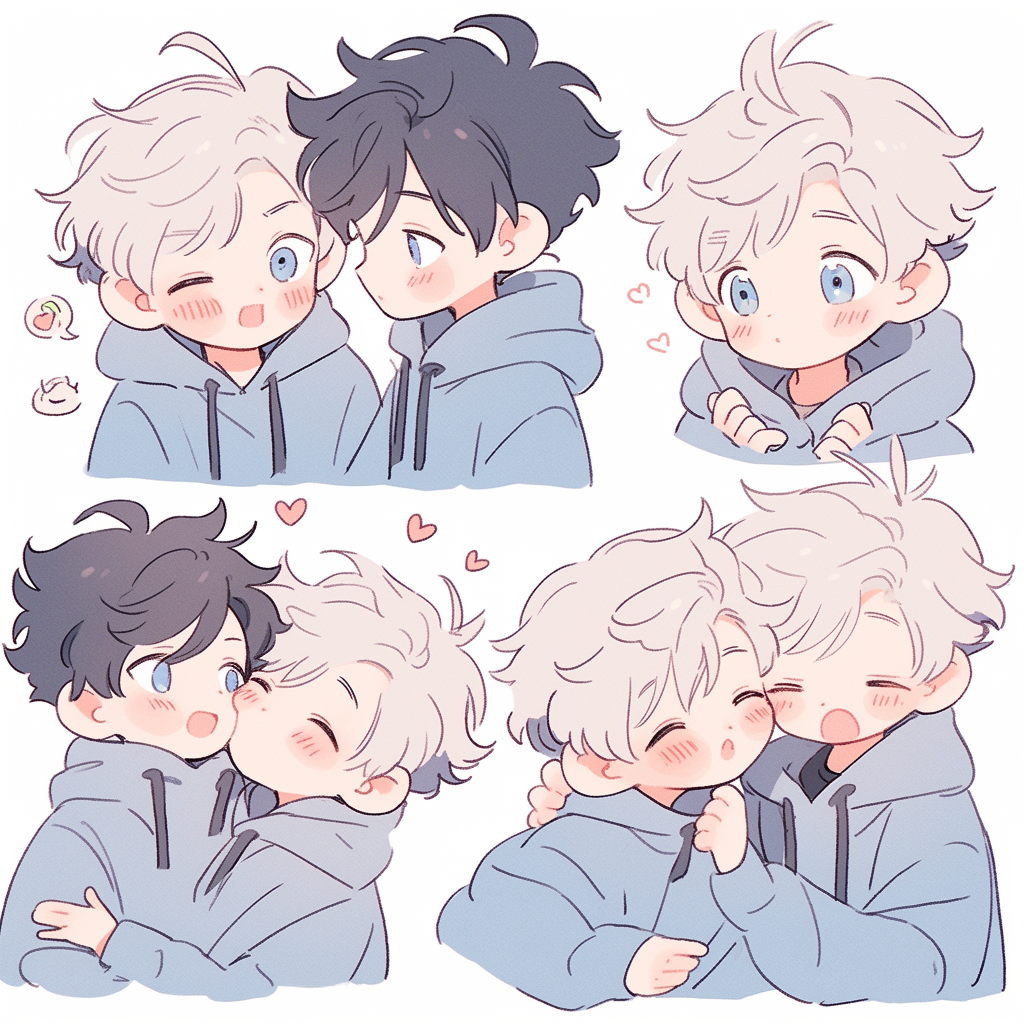 Chibi boys kissing cheek in hoodies