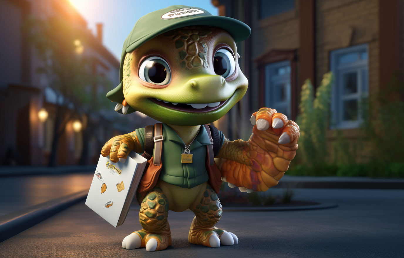 Cute chibi dinosaur dressed as a delivery man