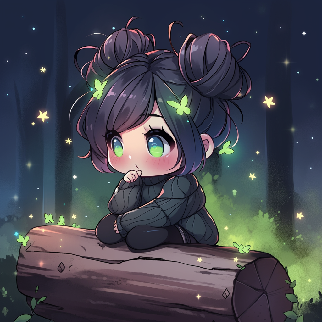 Chibi female with red and black hair in a bun