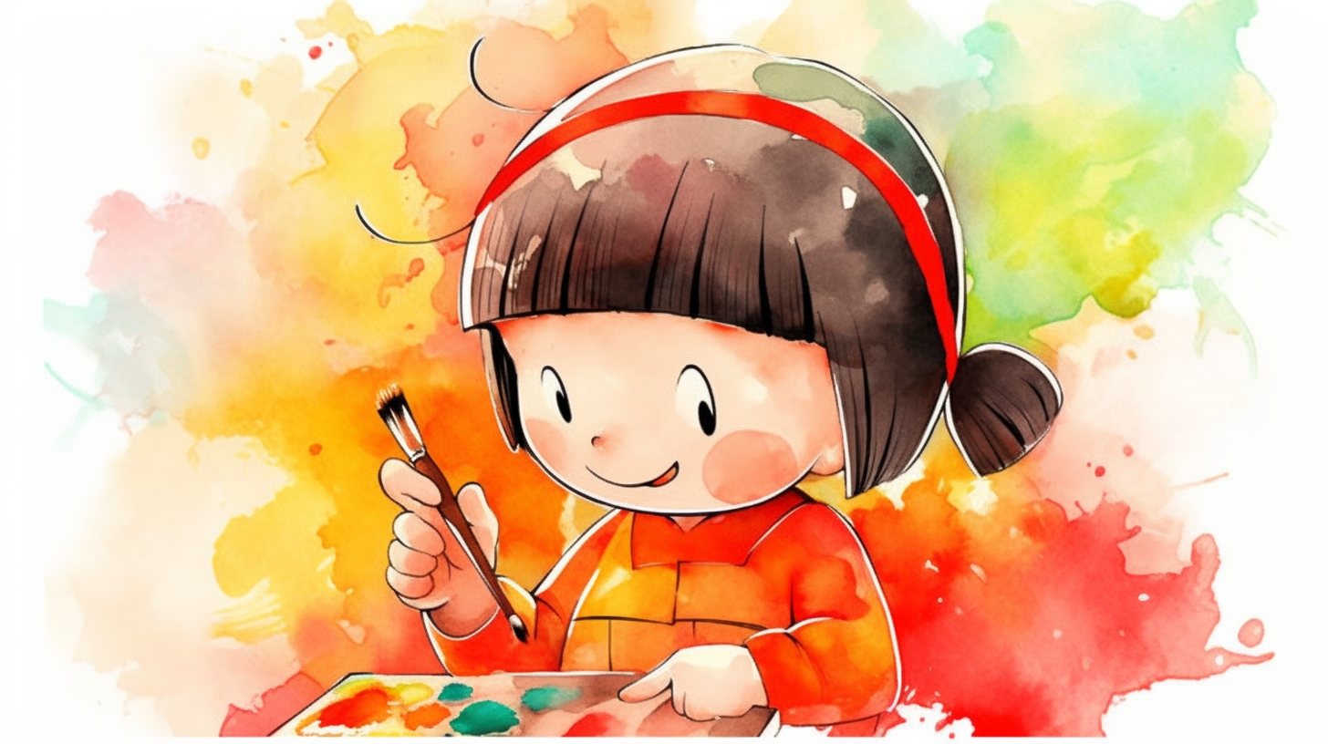 Chibi Maruko-chan in Anime Watercolor Style