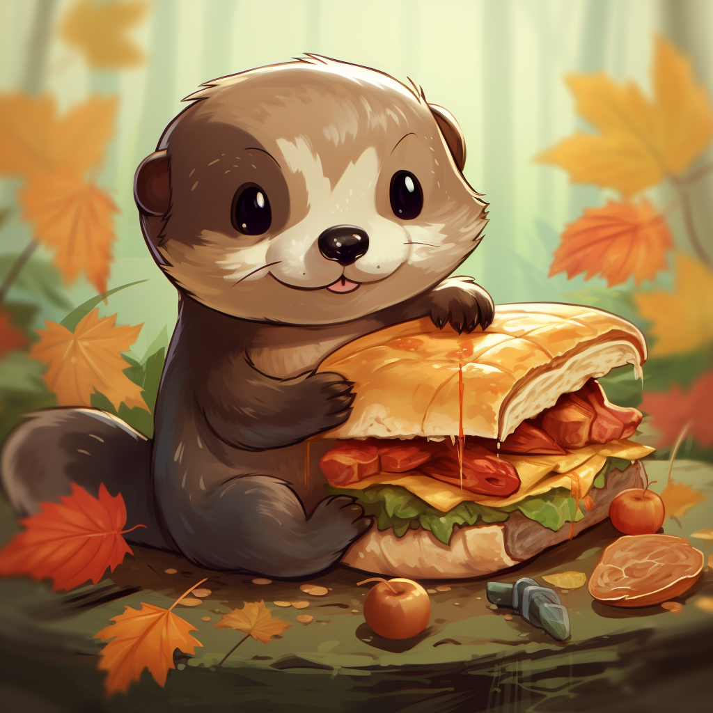 Cute otter enjoying a turkey sandwich