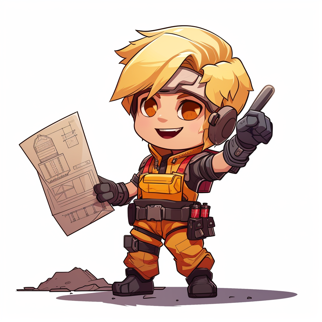 Chibi Brimstone wearing construction gear grinning