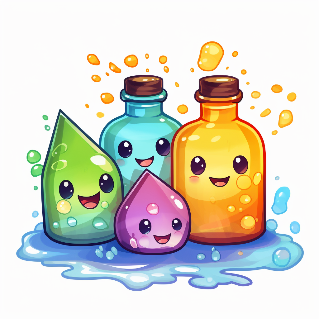 Chibi game launch with pouring liquid and splashes