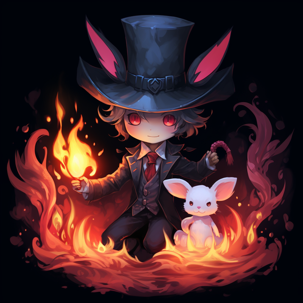 Chibi magician summoning demon rabbit with top hat