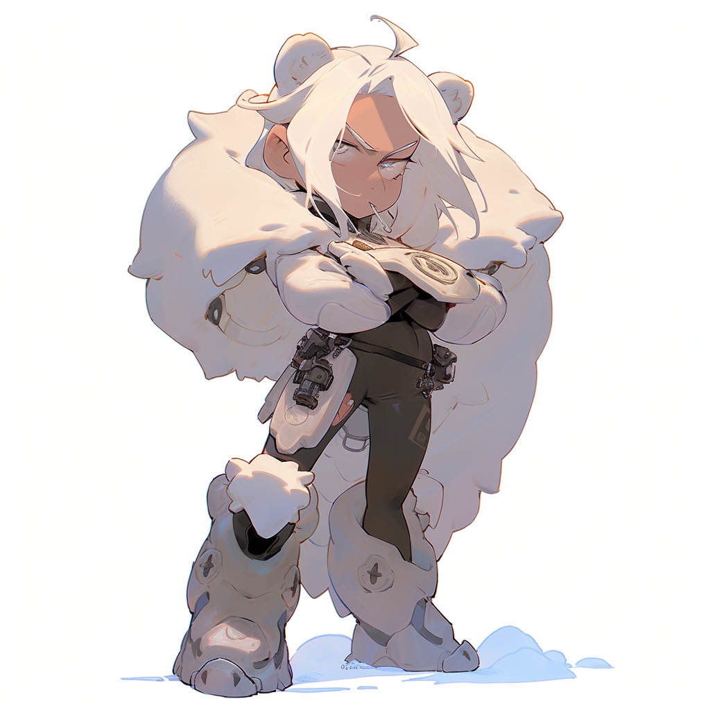 Serious anime girl with polar bear head holding shield