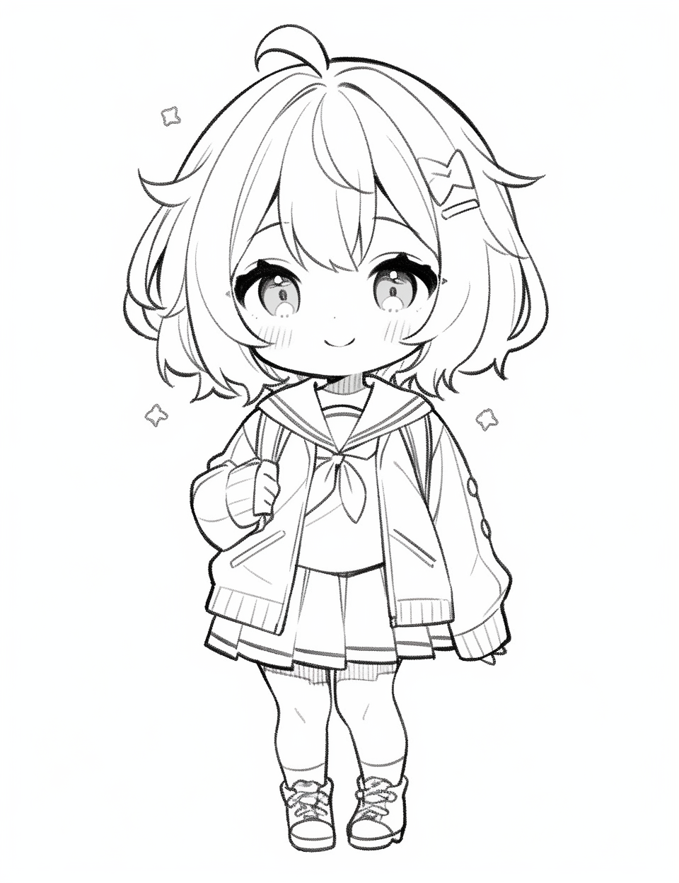 Chibi schoolgirl in pleated skirt and cardigan