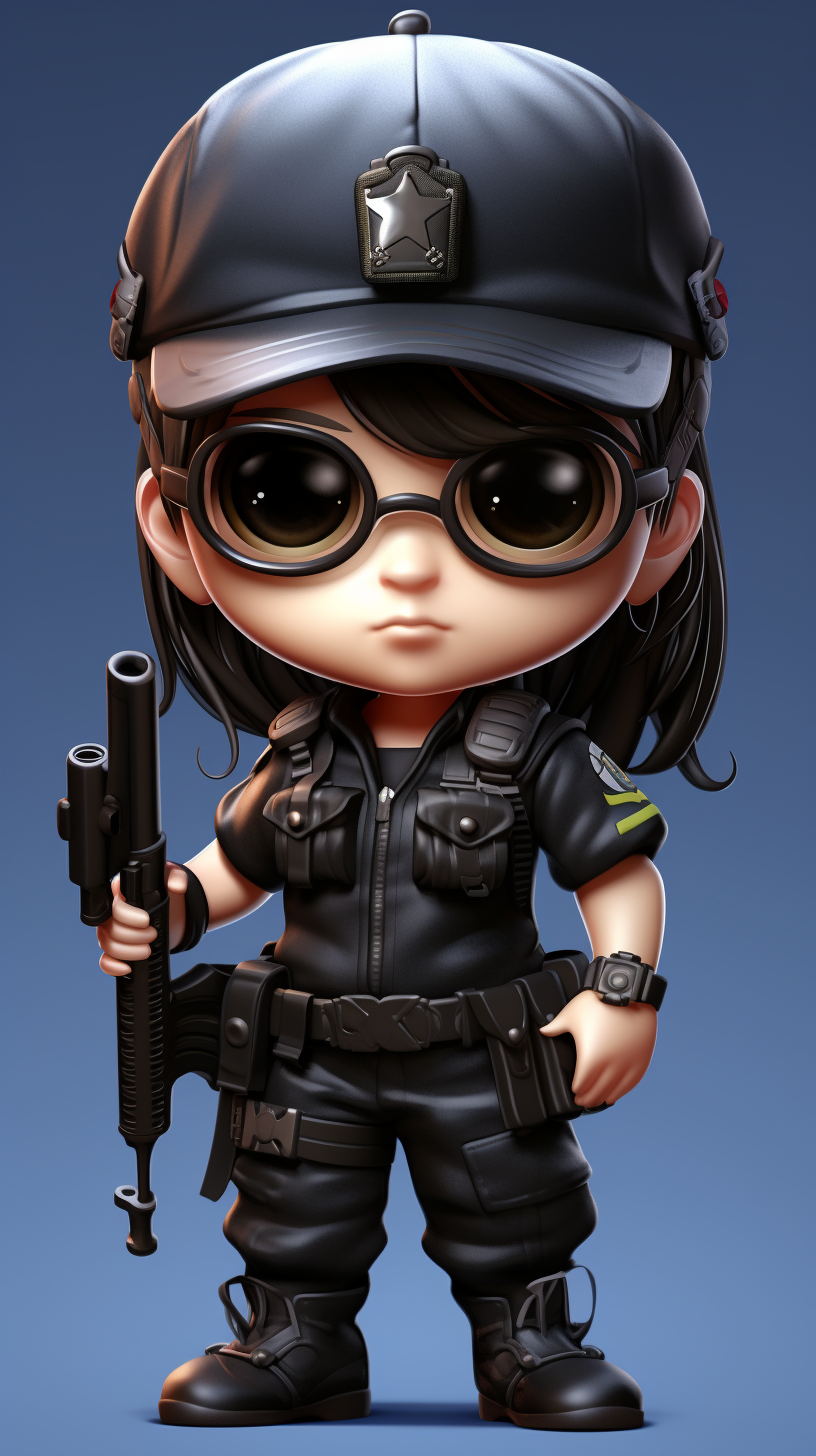 Chibi soldier boy in police uniform with military backpack