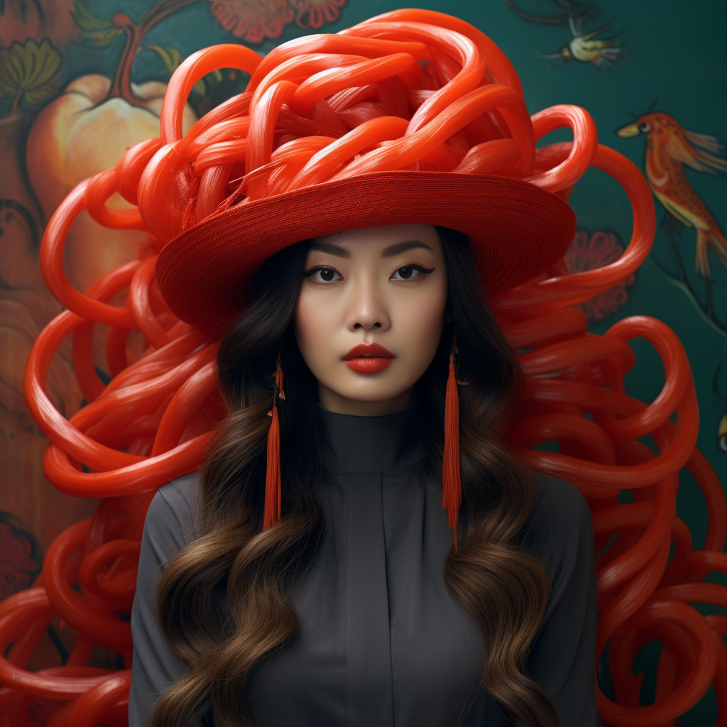 Beautiful Eurasian woman wearing noodle hat and sriracha blouse