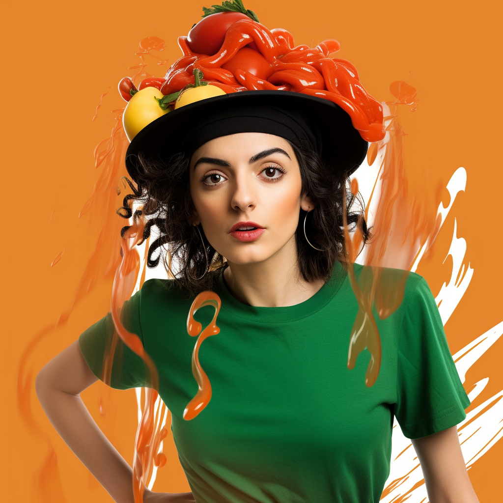 Chic Italian woman with noodle hat and sriracha splash