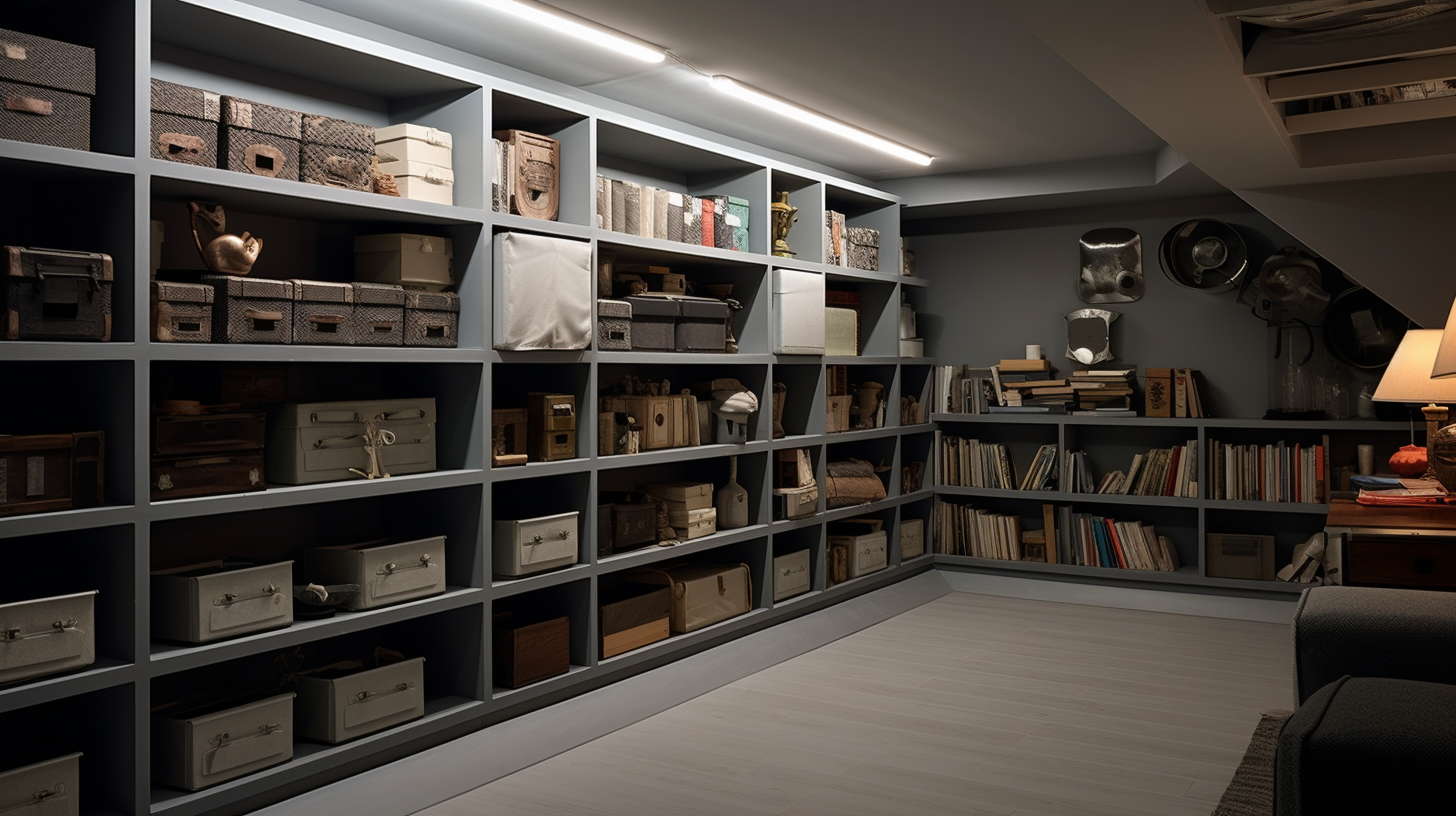 Neatly organized library in a stylish storage room