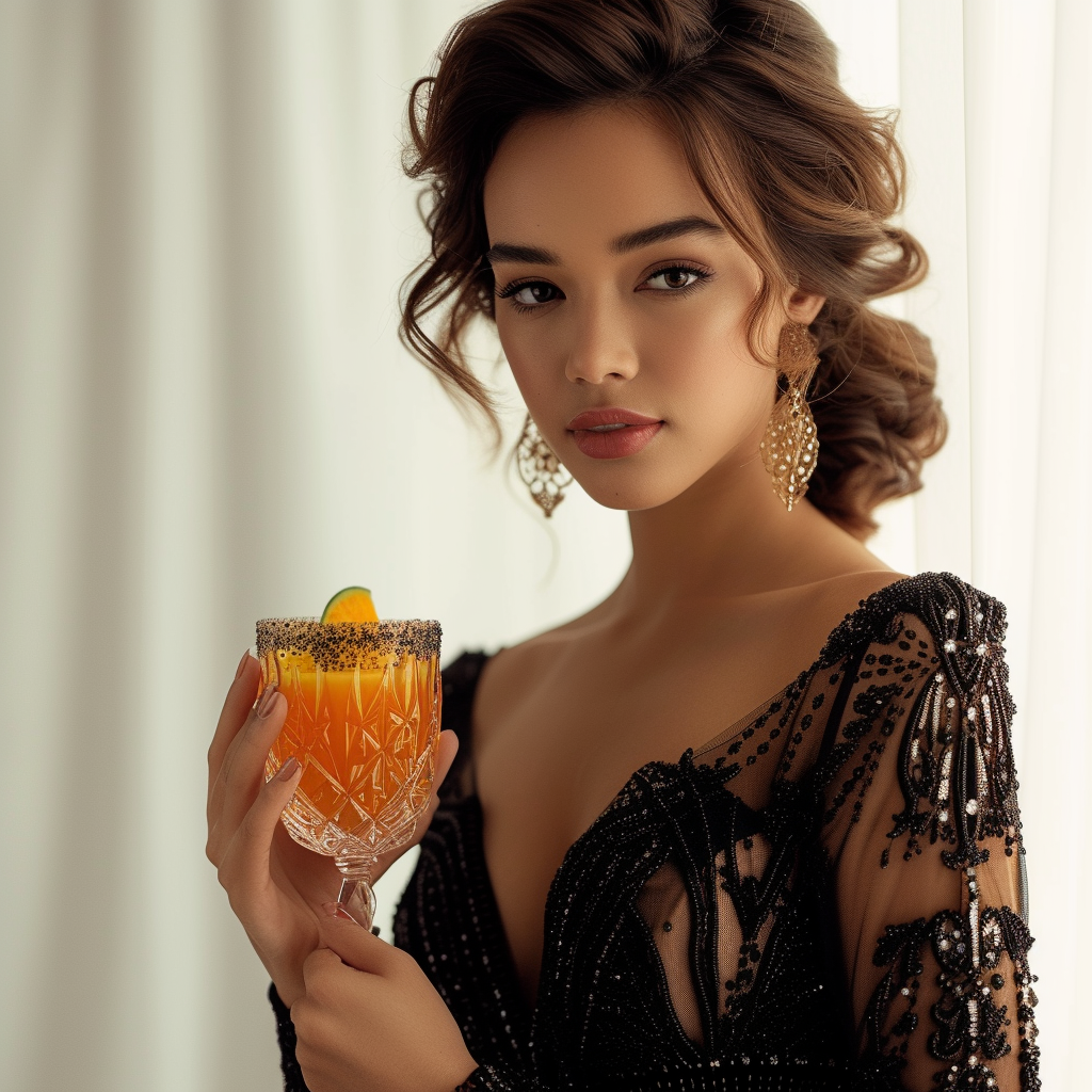 Stylish woman holding Tequila Sunrise shot