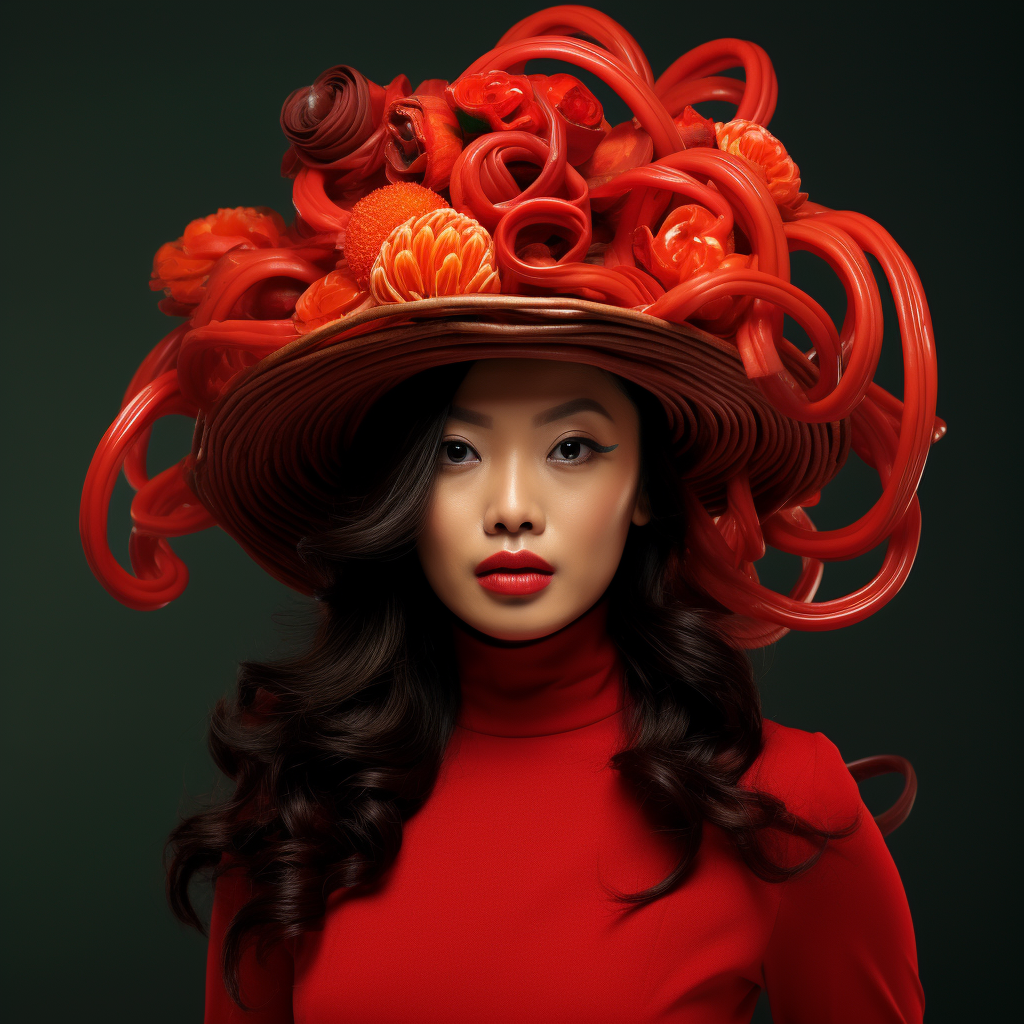 Chic Woman Noodle Hat Surrealist Sriracha