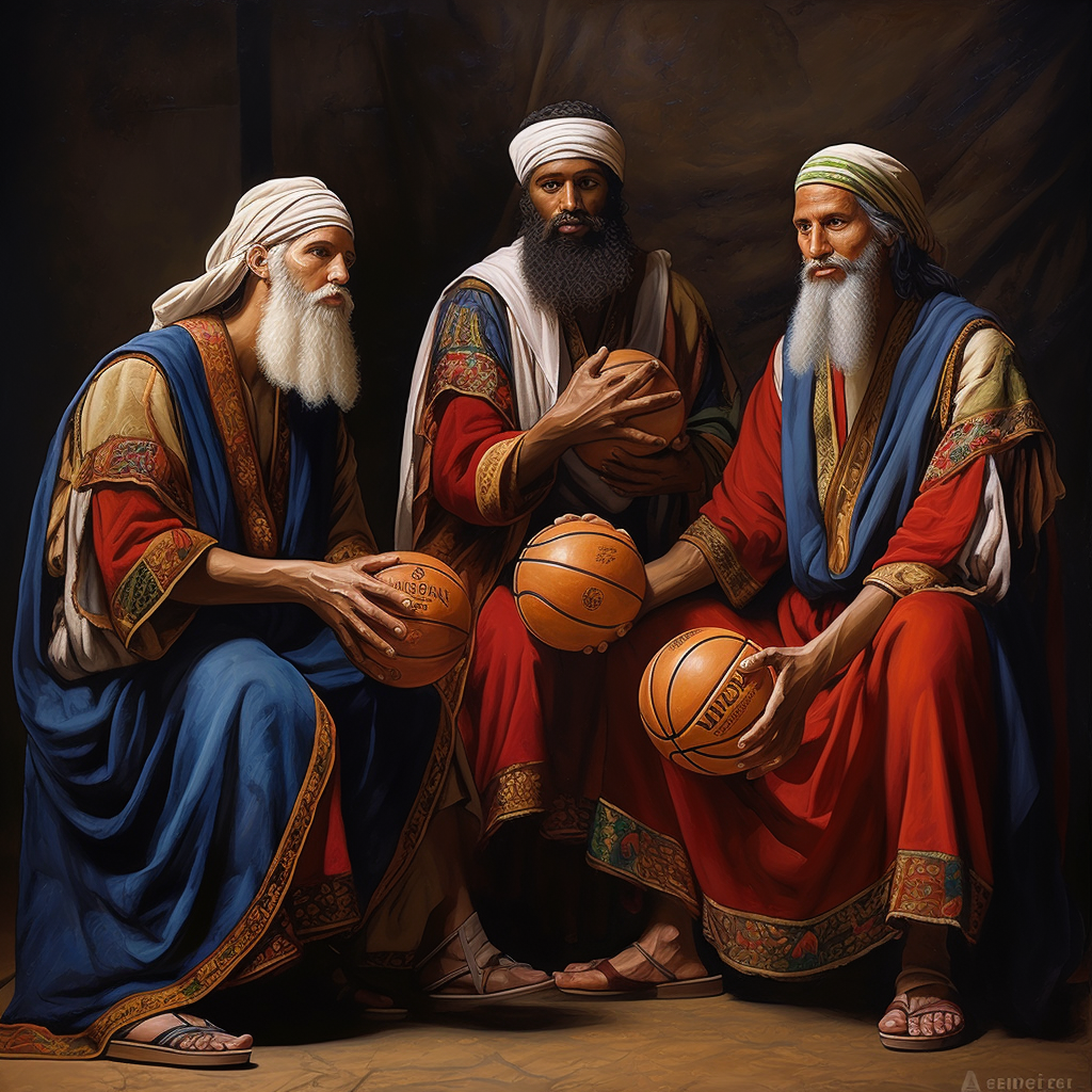 Biblical oil painting of Chicago Bulls Nativity Scene