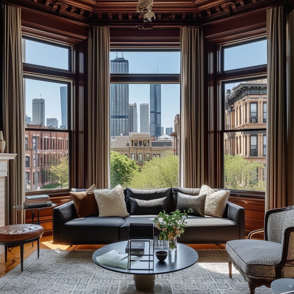 Chicago townhouse skyline windows interior