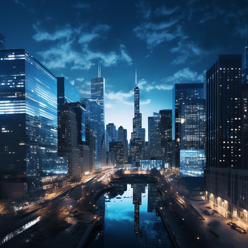 Chicago buildings shining with blue lights