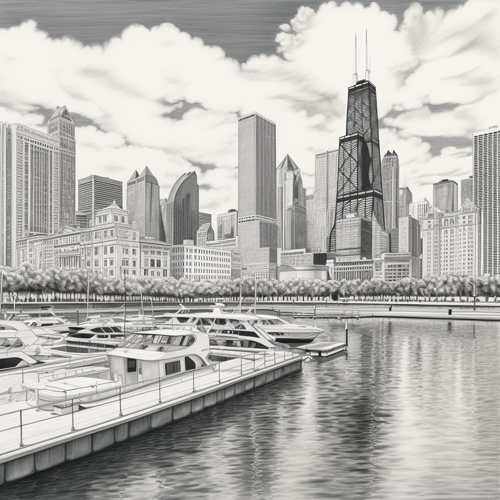 Detailed pencil sketch of Chicago skyline with navy pier