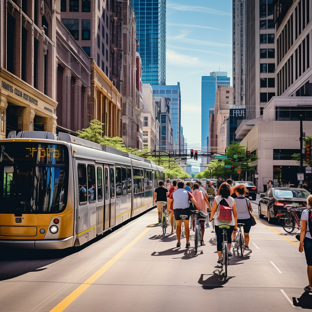 A bustling street in Chicago with public transportation, bikes, and scooters