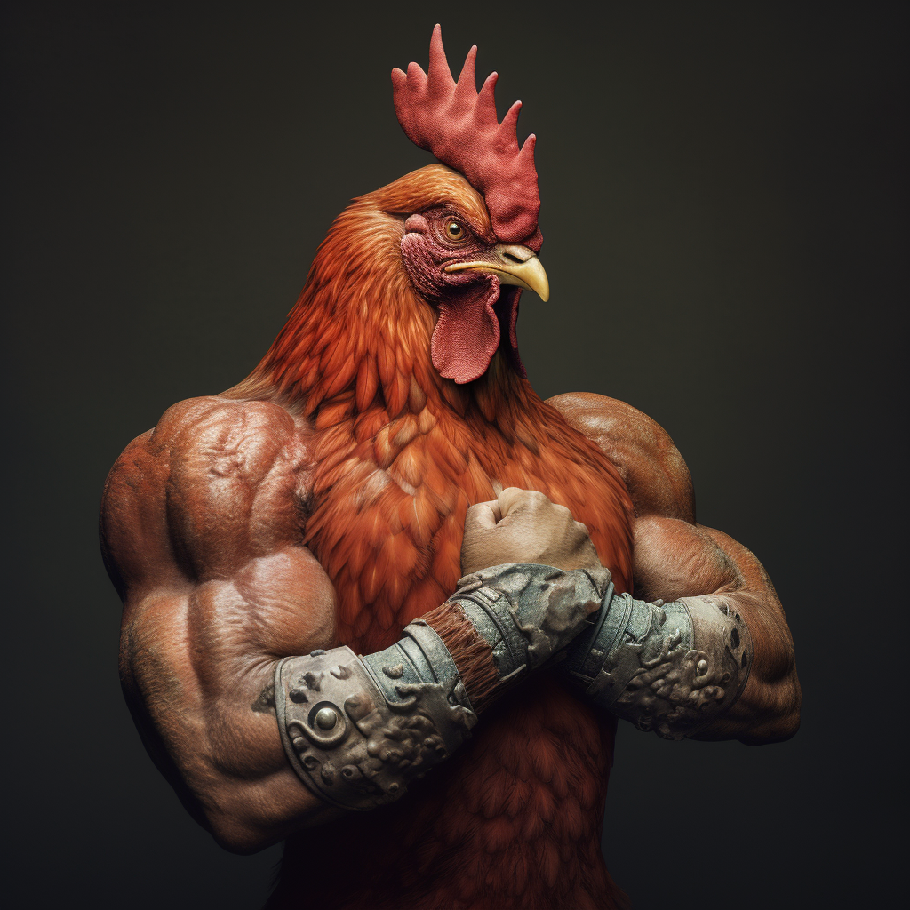 Chichen with strong man arms