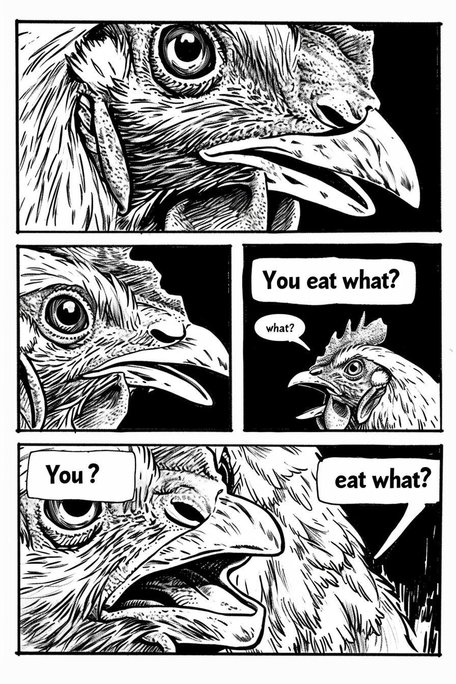 Chicken asking,  You eat what?